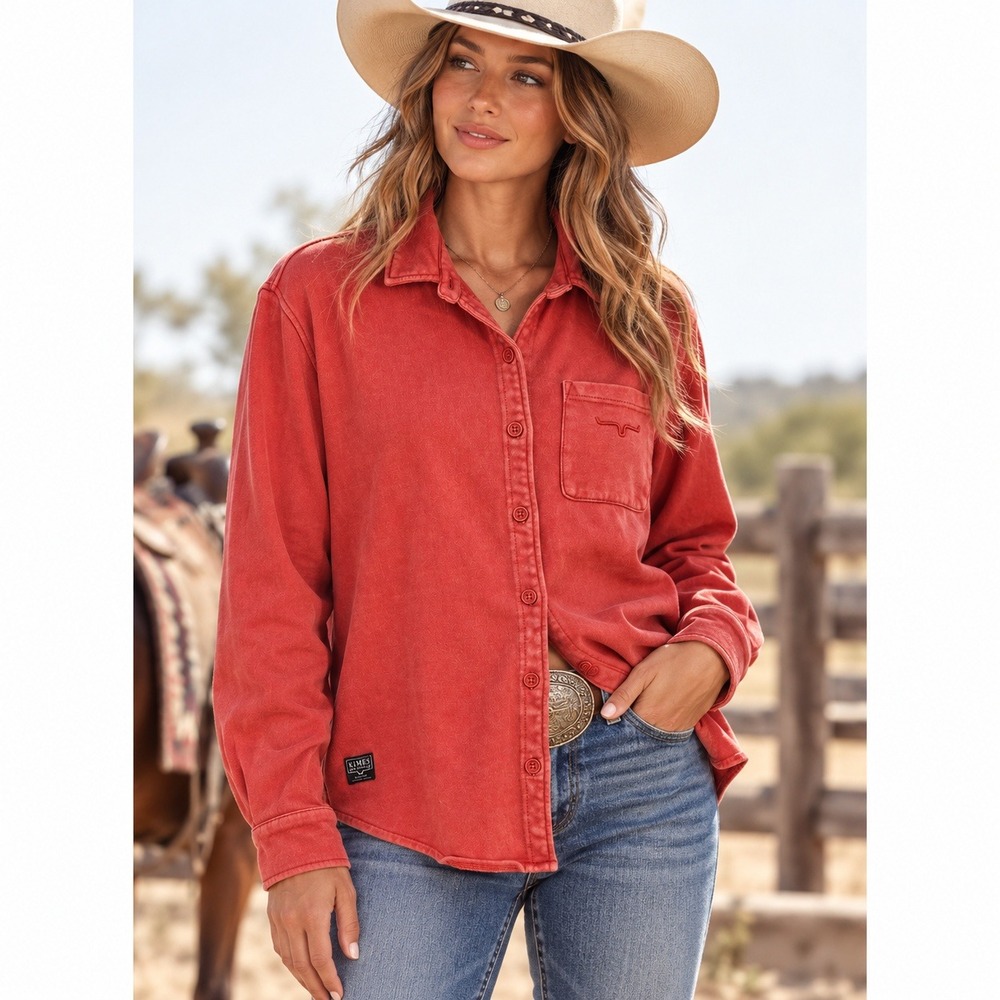 Kimes Ranch Button Up Shirt Women L Red Terry Cloth Cotton Western Rodeo Cowgirl